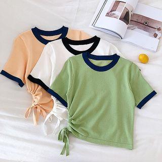 Color-block Trim Crewneck Lace-up Knit Top