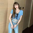 Short-sleeve Lace-up Crop Top Blue - One Size
