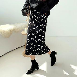 Patterned Long H-line Knit Skirt Black - One Size
