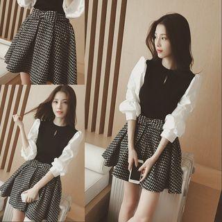 Set: Crew-neck Color Block 3/4-sleeve Top + Bow Accent A-line Skirt