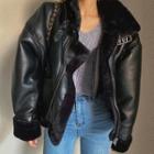 Fluffy Trim Faux Leather Zip Jacket