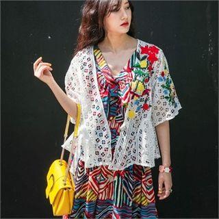 Open-front Embroidered Crochet-lace Cardigan