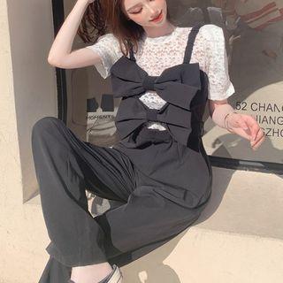 Short-sleeve Lace Top / Straight-leg Jumper Pants