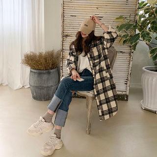 Plaid Flannel Long Shirt Jacket Beige - One Size