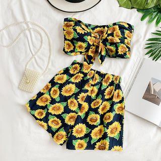 Set: Floral Print Bandeau Top + Wide-leg Shorts