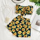 Set: Floral Print Bandeau Top + Wide-leg Shorts