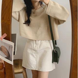 Plain Long-sleeve Knit Cropped Top