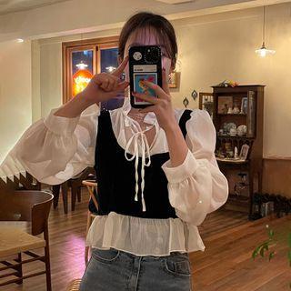Mock Two-piece Bow Detail Blouse White - One Size