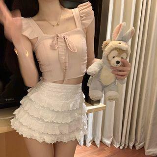 Ruffled Cropped Top + Lace-trim Layered Mini Skirt