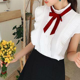 Short-sleeve Paneled Ruffled Ribbon A-line Dress