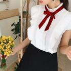 Short-sleeve Paneled Ruffled Ribbon A-line Dress