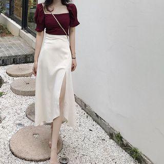 Set: Short-sleeve Square-neck Top + Slit A-line Midi Skirt