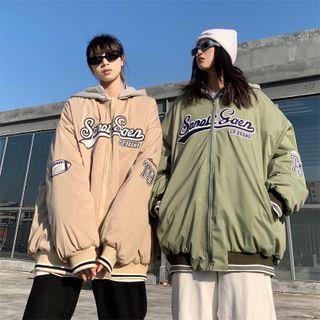 Letter Zip-up Hooded Baseball Jacket