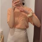 Short-sleeve Plain Knit Top Orange Pink - One Size