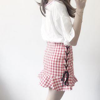 Check Slim-fit Lace-up Skort
