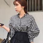 Balloon-sleeve Gingham Shirt As Shown In Figure - One Size