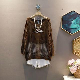 Long-sleeve Plaid Cutout Lettering Knit Top