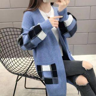 Plaid Panel Open-front Cardigan