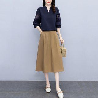 Set: Short-sleeve Floral Cutout Blouse + Midi A-line Skirt