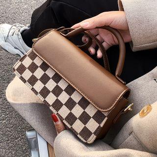 Checkerboard Panel Top Handle Crossbody Bag