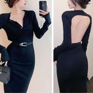 Long-sleeve Open-back Plain Slim-fit Dress Black - One Size