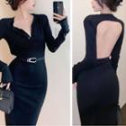 Long-sleeve Open-back Plain Slim-fit Dress Black - One Size