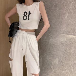 Number Print Crop Tank Top / High Waist Ripped Sweatpants