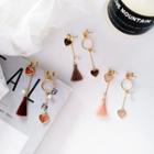 Non-matching Heart Faux Pearl Tassel Dangle Earring