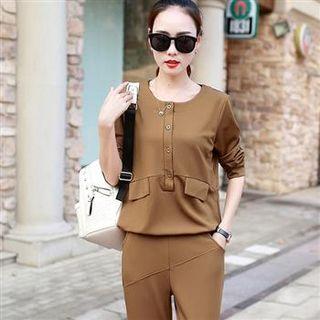 Set: Long-sleeve Plain Top + Slim-fit Pants