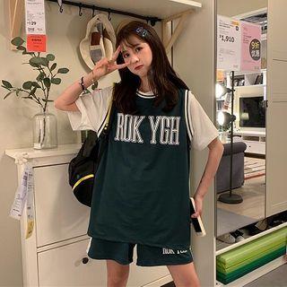 Set:color-block Lettering Print Tank Top + Shorts