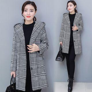 Houndstooth Buttoned Hooded Coat