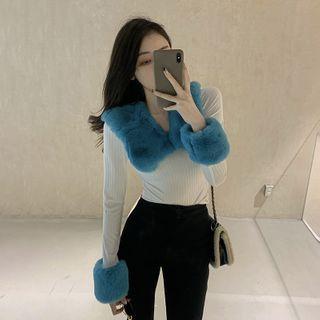 Collared Furry Panel Knitted Top