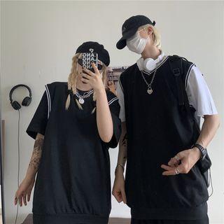Couple Matching Short-sleeve Stripe Trim Mock Two Piece T-shirt