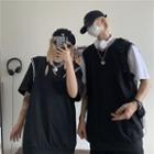 Couple Matching Short-sleeve Stripe Trim Mock Two Piece T-shirt