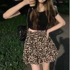 Square Neck Plain Top / Leopard Pattern Mini Skirt