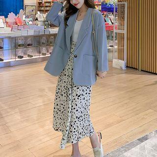 Plain Single-button Blazer / Printed Midi A-line Skirt / Spaghetti Strap Midi Dress