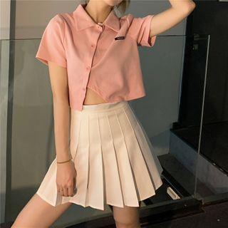 Short-sleeve Applique Asymmetric Polo Shirt / High-waist Plain Pleated Skirt