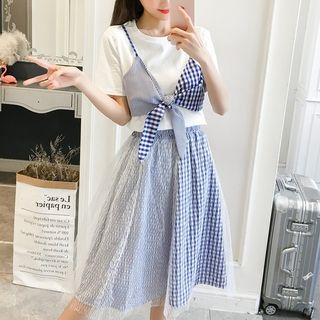 Set: Mock Two Piece Plaid Panel Short Sleeve T-shirt + Plaid Midi Skirt