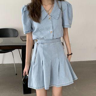 Short-sleeve Denim Shirt / Mini A-line Skirt
