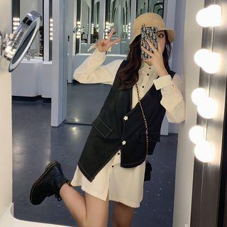Plain Long-sleeve Shirtdress / Irregular Vest