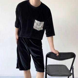 Set: Short-sleeve Sequined T-shirt + Shorts