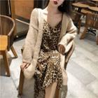 Leopard Patterned Strappy Asymmetric Midi A-line Dress / Tie-waist Long Cardigan