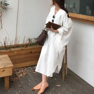 V-neck Long-sleeve Midi Shift Dress White - One Size