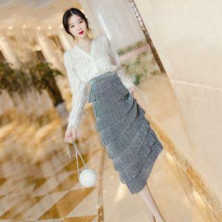 Set: Fringed V-neck Top + Pleated Layered Skirt