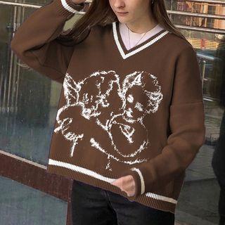 Angel Print V-neck Sweater