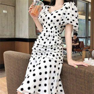 Puff Sleeve Square Neck Dotted Chiffon Dress