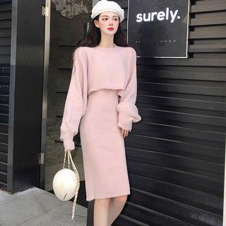 Set: Cropped Sweater + Spaghetti Strap Ribbed Midi Knit Dress