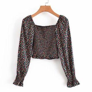Long-sleeve Floral Print Shirred Top