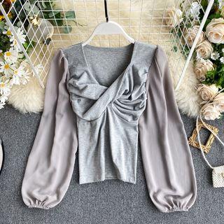 V-neck Balloon-sleeve Twisted Blouse