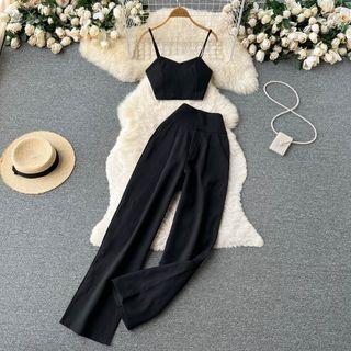 Set Of 2 : Suspender Cropped Top + High-waist Wide-leg Pants